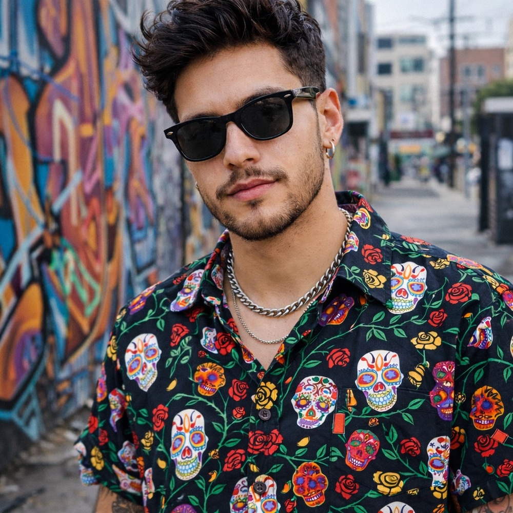 David Carey Shirt Mens L Dia de los Muertos Day Of Dead Candy Skulls Floral AOP